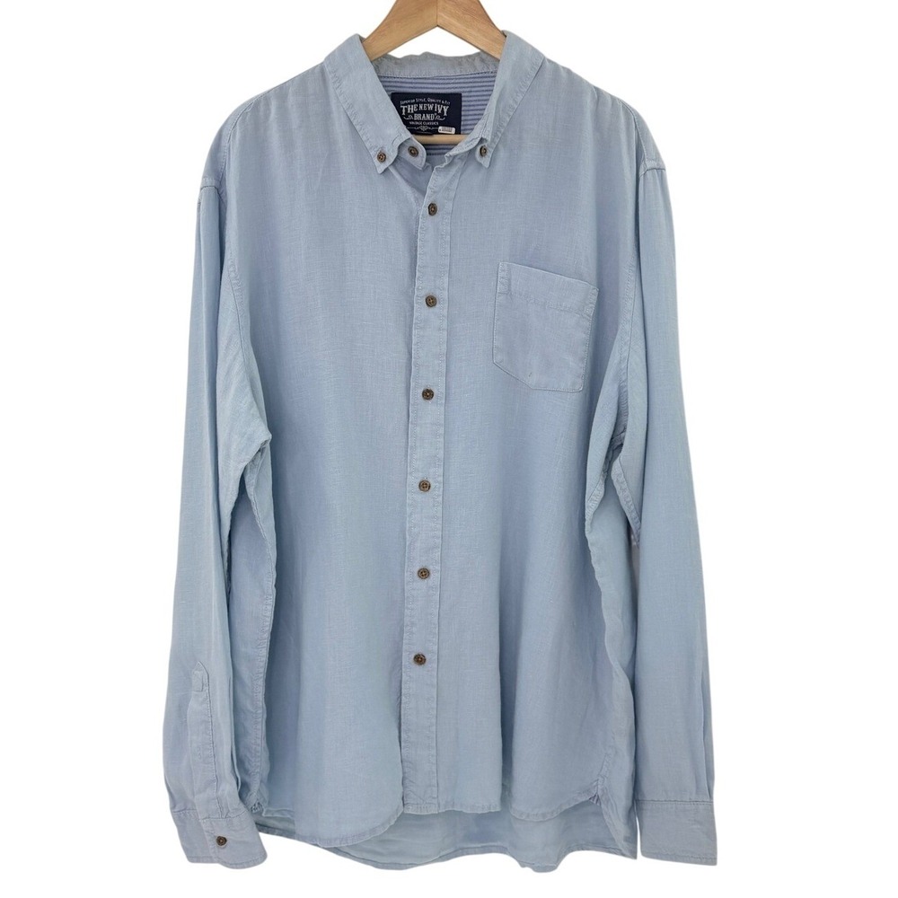 The New Ivy Brand Mens‎ XXL Light Blue 100% Linen Long Sleeve Button Down Shirt